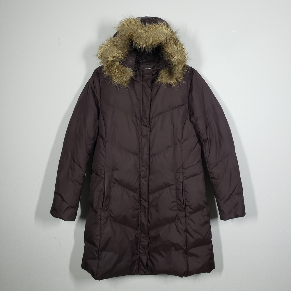 Eileen Fisher Chocolate Puffer Jacket with Faux Fur Trim